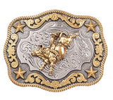 Nocona Men's Bull Rider Rope Edge Belt Buckle featuring a gold and silver-tone design with a bucking bull motif.