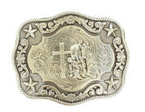 Nocona Men's Silver Rope Edge Cowboy Prayer Belt Buckle with cross and floral design, perfect for cowboy enthusiasts.