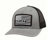 Ariat Men's USA Flag Rubber Logo Heather Grey Snapback Ball Cap with mesh back and American flag design.