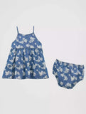 Wrangler® Girls' Floral Denim Tiered Dress with Diaper Cover in blue and white western floral pattern.