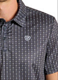 Rock & Roll Denim Men's Black Geo Print Polo featuring a geometric pattern and logo detail on the chest.