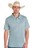 Panhandle Slim Men's Turquoise Western Polo shirt on a model wearing a cowboy hat, perfect for casual outdoor occasions.
