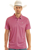 Model wearing Rock & Roll Denim Men's Hot Pink Aztec Print Polo with a cowboy hat, showcasing southwestern style.