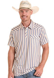 Rock & Roll Denim Men's Natural Western Stripe Polo Shirt on a model wearing a cowboy hat, showcasing its classic style.