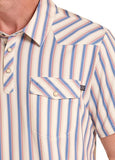 Rock & Roll Denim Men's Natural Western Stripe Polo shirt featuring a bold stripe pattern and buttoned pocket.