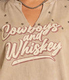 Rock & Roll Cowgirl Women's Cowboys & Whiskey Graphic Tee | Olive | Star Studs | V-Neck