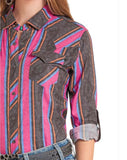 Rock & Roll Cowgirl Women's TekWestern Snap Shirt in vibrant Aztec Black design features bright stripes and a stylish pocket.