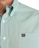 Cinch Men's Classic Fit Short Sleeve Shirt in blue geometric pattern with logo detail on pocket.