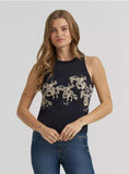 Model wearing Wrangler Lainey Wilson x Women's Cowboy Tank in black with bronc rider graphic.