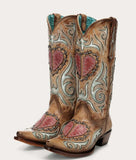 Corral Women's Sand Snip Toe Cowboy Boot featuring heart inlay, embroidery, and studded accents.