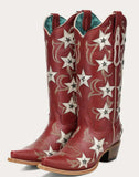 Corral Women's Red Star Embroidery & Studs Snip Toe Cowboy Boot Z5540 showcasing red leather and star designs.
