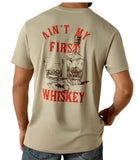 Ariat Men's Whiskey Uno Classic Fit T-Shirt featuring a bold graphic of whiskey bottles and glasses on the back.