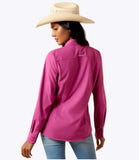 Ariat Women's Kirby Pro Long Sleeve Shirt in Rose Sorbet, model wearing a cowboy hat from the back.