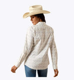 Ariat Women's Kirby Stretch Long Sleeve Button-Down Shirt worn by a model with a hat, showcasing western style and Greater Arm Mobility.