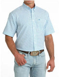 Cinch Men's Short Sleeve Print Arenaflex Shirt in blue print with a western belt, perfect for arena and casual wear.