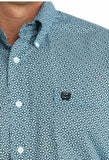 Close-up of Cinch men's print short sleeve western shirt featuring a unique blue geometric pattern and button-down collar.