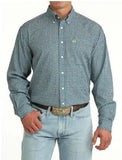 Cinch Men's Arenaflex Long Sleeve Blue/Gray Performance Western Shirt on model in a ranch setting.