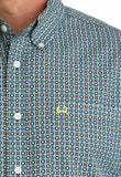 Cinch men's Arenaflex long sleeve blue/gray performance western shirt close-up showing pattern and logo details.