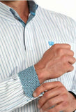 Cinch Men's Classic Fit Pinstripe Long Sleeve Western Shirt featuring crisp pinstripes and geometric cuff design.