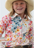 Cruel Girl multicolor long sleeve snap western shirt worn by girl with a cowboy hat, showcasing vibrant floral patterns.