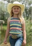 Cruel Girls multicolor sleeveless tank top worn by smiling girl in cowboy hat, showcasing western style and comfort.