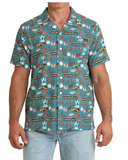 Cinch Men's NFR Teal Print Short Sleeve Camp Shirt featuring a vibrant Las Vegas-themed print.