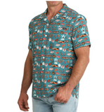 Cinch Men's NFR Teal Print Short Sleeve Camp Shirt featuring colorful Las Vegas-themed graphics.