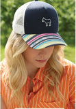 Cruel Girl Women's Aztec Donkey Snapback Trucker Cap with donkey outline and colorful brim on model