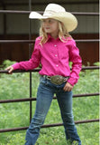 Cruel Girl long sleeve pink western shirt on a girl wearing a cowboy hat and belt in a country setting.