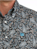 Cinch Men's Blue Paisley Long Sleeve Western Shirt close-up showing detailed paisley pattern and craftsmanship.