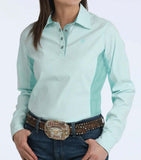 Cinch Women's Long Sleeve Arenaflex® Hybrid Shirt in light blue with polished western look.
