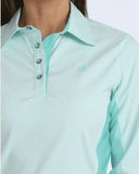 Cinch Women's Long Sleeve Arenaflex® Hybrid Shirt in light blue with contrast trim and blue pearl snap closure.