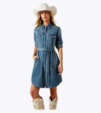 Ariat Women's Americana Snap-Front Denim Dress in denim, paired with a cowboy hat and boots for a stylish western look.