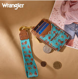 Wrangler Women's Western Print RFID Blocking Wallet in Turquoise with a lanyard and coins on a textured surface.