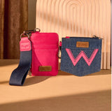 Wrangler Women's Denim Dual Pouch Wristlet Wallet in Hot Pink with mini coin purse and card case displayed.