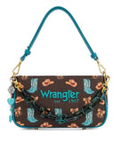 Wrangler Women's Western Print Cowgirl Shoulder Bag in coffee color with western-style prints and decorative chain.