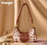 Wrangler Western Cowgirl Print Shoulder Bag in tan canvas and PU leather with braided handle on a soft background.