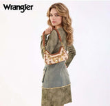 Model showcasing the Wrangler Western Cowgirl Print Shoulder Bag in tan canvas and PU leather.