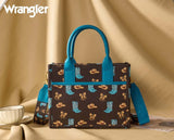 Wrangler Western Print Cowgirl Tote Bag in coffee color with blue handles and a fun cowboy theme.