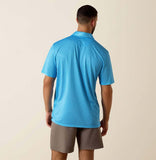 Ariat Men's Ibiza Blue Mini Geo Print Fitted Polo displayed from the back, featuring a modern design and premium performance fabric.