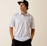 Ariat Men's White Western Toss Print Polo shirt with playful pattern on display.