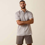 Ariat Men's Taupe Grey Southwest Geo Print Polo, showcasing a stylish southwest pattern, perfect for outdoor activities.