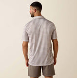 Ariat Men's Taupe Grey Southwest Geo Print Polo showcasing back view with southwest pattern, perfect for outdoor activities.