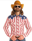 Rock & Roll Denim Americano Brushed Popper Snap Shirt with American flag design, perfect for summer parties.