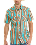Rock & Roll Denim men's teal stripe pearl snap short sleeve western shirt displayed on a model.