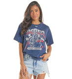 Rock & Roll Denim women's oversized rodeo graphic t-shirt worn with denim shorts.