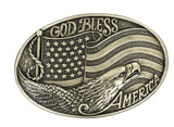 Nocona Men's Oval God Bless America Antique Silver Belt Buckle featuring an eagle and American flag design.
