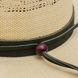 Close-up of Stetson Mayfield Straw Hat showcasing the suede crown band and chincord detail.