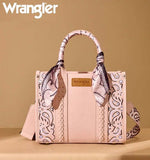 Wrangler Women's Braided Paisley Bandana Tote Bag in Pink with paisley scarf handles and embroidered design.