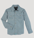 Wrangler Boys 20X Advanced Comfort Western Snap Shirt in Teal Hatch with classic western style.